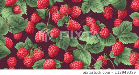 AI-generated content. Raspberry pattern design with leaves on red background 112949359
