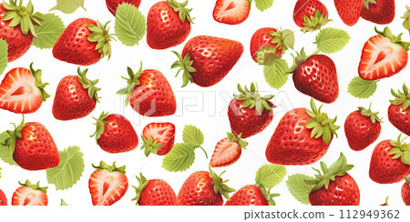 AI-generated content. Fresh ripe strawberries pattern on white background, fruit banner AI-generated content. Fresh ripe strawberries pattern on white background, fruit banner 112949362
