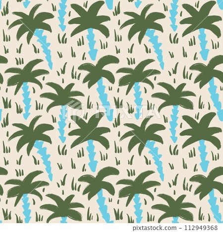 Hand drawn seamless pattern with green palm trees blue turquoise on beige background. Tropical island beach summer print, coastal cocnut tree landscape design, elegant pastel art. Hand drawn seamless pattern with green palm trees blue turquoise on beige background. Tropical island beach summer print, coastal cocnut tree landscape design, elegant pastel art. 112949368