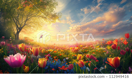 Beautiful blooming meadow with colorful flowers, tropical birds, tree and bushy clouds. Fantastic landscape. Magic paradise. Copy space. Beautiful blooming meadow with colorful flowers, tropical birds, tree and bushy clouds. Fantastic landscape. Magic paradise. Copy space. 112949416