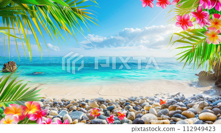 Colorful beach by the sea with palms and tropical flowers. Background with copy space. Seascape with exotic plants frame. Colorful beach by the sea with palms and tropical flowers. Background with copy space. Seascape with exotic plants frame. 112949423