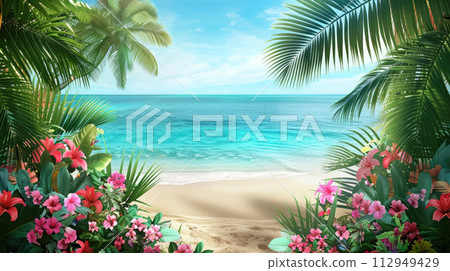 Colorful beach by the sea with palms and tropical flowers. Background with copy space. Seascape with exotic plants frame. Colorful beach by the sea with palms and tropical flowers. Background with copy space. Seascape with exotic plants frame. 112949429
