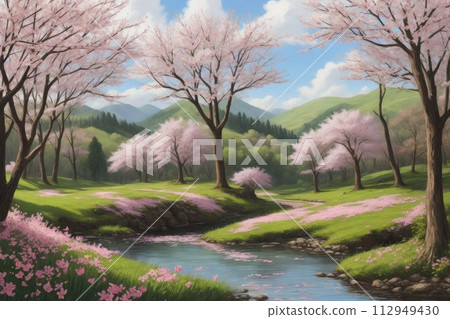 Cherry blossoms, mountains and river in the spring season. Digital painting. Spring landscape. 112949430