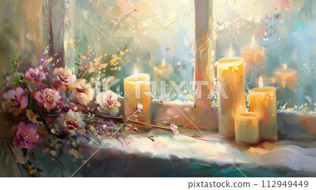 Candles and flowers on window in pastel colors. Cozy seasonal decorations on window sill. Relax, hygge, spring, harmony, meditation, life balance concept. 112949449