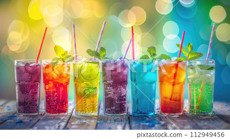 Range of colorful drinks with straws and mint leaves on wooden table in bar. Bokeh effect. 112949456