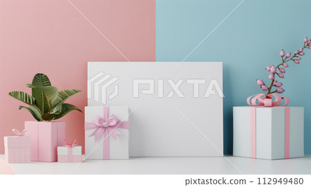 Rectangular blank paper with gifts and plants on pink and blue background. Card for advertising mockup. Copy space for text. Vibrant, minimalistic editorial aesthetic. Rectangular blank paper with gifts and plants on pink and blue background. Card for advertising mockup. Copy space for text. Vibrant, minimalistic editorial aesthetic. 112949480