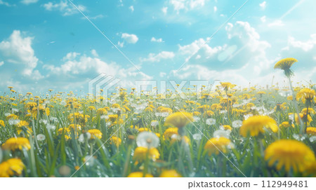Field of dandelions and blue sky. Summer spring perfect natural landscape. Nature background. Field of dandelions and blue sky. Summer spring perfect natural landscape. Nature background. 112949481