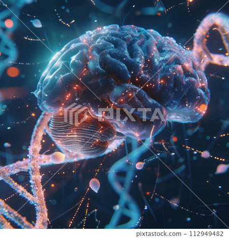 Human brain with neuron signals and flying DNA. Neuron cells with electrical impulses in abstract space. Human brain with neuron signals and flying DNA. Neuron cells with electrical impulses in abstract space. 112949482