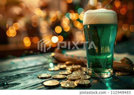 Pint of green Irish beer with a perfect foam head. Irish pub with St. Patrick's Day decor, gold coins and bokeh light. Magic atmosphere. 112949483