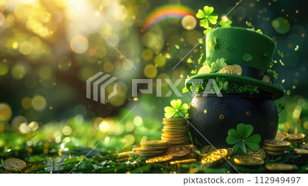 St. Patrick's Day background with black pot and rainbow, green hat, gold coins and clover leaves. Blured bokeh light effect. Copy space. 112949497