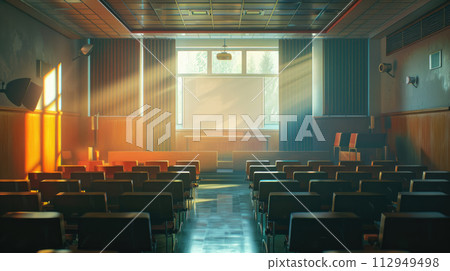 Lecture class desktop background. Room college. Modern college classroom with blank blackboard and window. 112949498