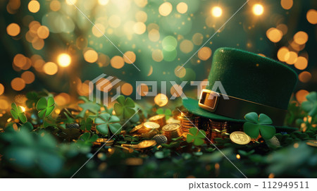 St. Patrick's Day background with green hat, gold coins and clover leaves. Blured bokeh light effect. Copy space. 112949511
