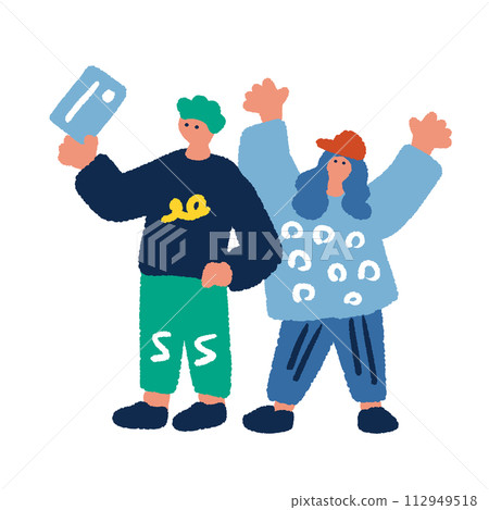 Hand drawn illustration of a happy woman with credit card 112949518