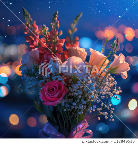 Flowers on night city background. Beautiful roses bouquet. Bokeh effect. Nature background. Flowers on night city background. Beautiful roses bouquet. Bokeh effect. Nature background. 112949536