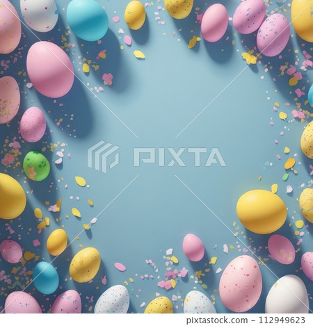 Colorful Easter eggs and confetti on pastel blue background. Top view with copy space. Spring and Easter holiday concept. Colorful Easter eggs and confetti on pastel blue background. Top view with copy space. Spring and Easter holiday concept. 112949623