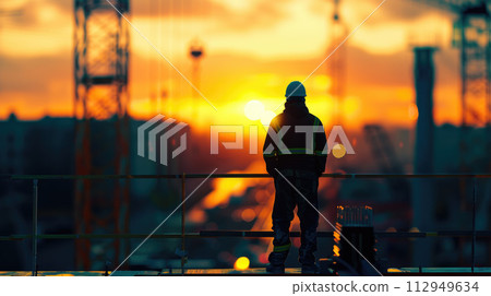Builder worker silhouette in a work helme standing on a construction site, against a sunset background. 112949634