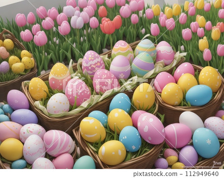Colorful easter eggs in a baskets and tulip flowers. Happy Easter Concept for Design, Postcard, Banner. 112949640