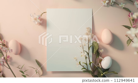 White Invitation Card For Easter. White blank paper, eggs and floral twigs. Boho Style Mockup On pink pastel Background. White Invitation Card For Easter. White blank paper, eggs and floral twigs. Boho Style Mockup On pink pastel Background. 112949641