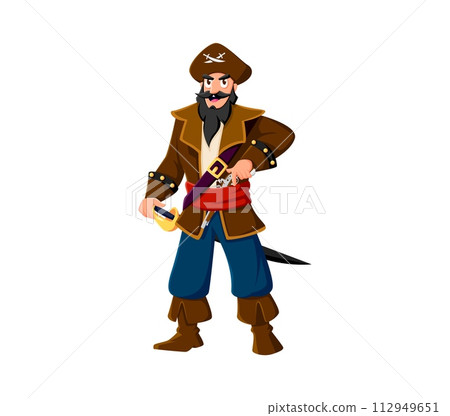 Cartoon sailor and skipper pirate character, boatswain and captain corsair or filibuster in tricorn hat. Isolated vector rover personage holding saber, ready for sea adventures and treasure hunts Cartoon sailor and skipper pirate character, boatswain and captain corsair or filibuster in tricorn hat. Isolated vector rover personage holding saber, ready for sea adventures and treasure hunts 112949651
