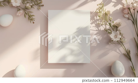 White Invitation Card For Easter. White blank paper, eggs and floral twigs. Boho Style Mockup On pink pastel Background. 112949664