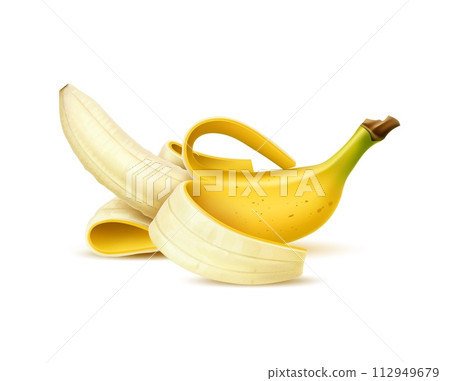 Realistic isolated banana fruit. Isolated 3d vector ripe elongated, slightly curved tropical banana fruit with soft, creamy flesh and yellow peel. Food with high potassium content and sweet flavor Realistic isolated banana fruit. Isolated 3d vector ripe elongated, slightly curved tropical banana fruit with soft, creamy flesh and yellow peel. Food with high potassium content and sweet flavor 112949679