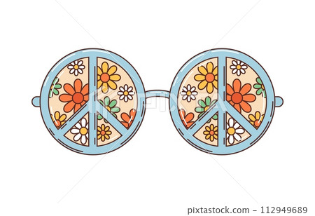 Retro groovy eyewear sunglasses exude vintage hippie vibe, featuring round frames adorned with vibrant peace signs and daisy flowers, encapsulating the spirit of the 60s and 70s hippy counterculture 112949689