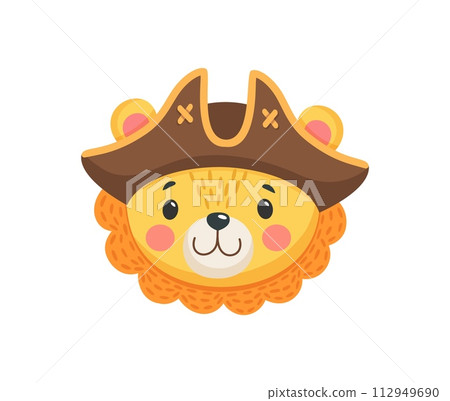 Cartoon cute lion animal pirate and corsair face. Sailor and captain, skipper and boatswain kawaii character. Isolated vector personage for baby shower card with adorable lion cub donning tricorn hat 112949690