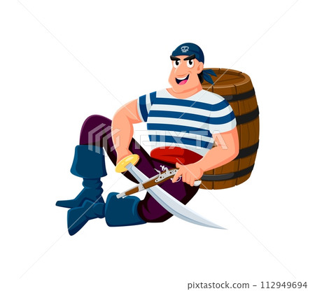 Cartoon sailor or pirate man with saber swords and rum barrel, vector character. Skipper boatswain or captain corsair and filibuster man in pirate bandana with Jolly roger skull and musket pistol gun Cartoon sailor or pirate man with saber swords and rum barrel, vector character. Skipper boatswain or captain corsair and filibuster man in pirate bandana with Jolly roger skull and musket pistol gun 112949694