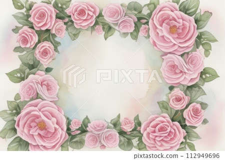 Watercolor pink roses and leaves frame on white background with space for text. Floral wreath. Pastel colors. 112949696