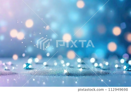 Pastel blue background with sparkle, lights and stars. Bokeh effect. Copy space. Christmas winter abstract blurred background. 112949698