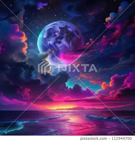 Cosmic landscape of sea, clouds and planet in bright neon lights. Futuristic digital night seascape in cyberpunk-style. Science fiction square backdrop. Cosmic landscape of sea, clouds and planet in bright neon lights. Futuristic digital night seascape in cyberpunk-style. Science fiction square backdrop. 112949700