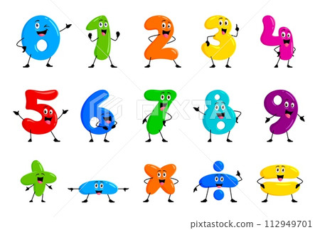 Cartoon math number characters and funny mathematics symbols vector personages. Cute color numbers and arithmetic signs with happy faces and smiles. Kids education math comic emoticons Cartoon math number characters and funny mathematics symbols vector personages. Cute color numbers and arithmetic signs with happy faces and smiles. Kids education math comic emoticons 112949701