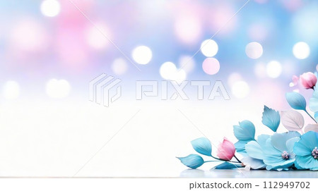 Bokeh pastel blue and pink background with flowers. Copy space. Springtime banner. Bokeh pastel blue and pink background with flowers. Copy space. Springtime banner. 112949702