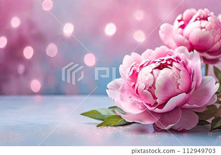 Beautiful pink peony flowers on color background with bokeh effect. Weddings, mother's day, Valentine's day, birthday concept. Copy space. Beautiful pink peony flowers on color background with bokeh effect. Weddings, mother's day, Valentine's day, birthday concept. Copy space. 112949703