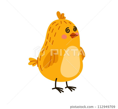 Cartoon cute chick character with fluffy yellow feathers, wide spiral shaped eyes and a mesmerizing hypnotic gaze. Isolated vector adorable and charming baby chicken or hen bird personage on farm Cartoon cute chick character with fluffy yellow feathers, wide spiral shaped eyes and a mesmerizing hypnotic gaze. Isolated vector adorable and charming baby chicken or hen bird personage on farm 112949709