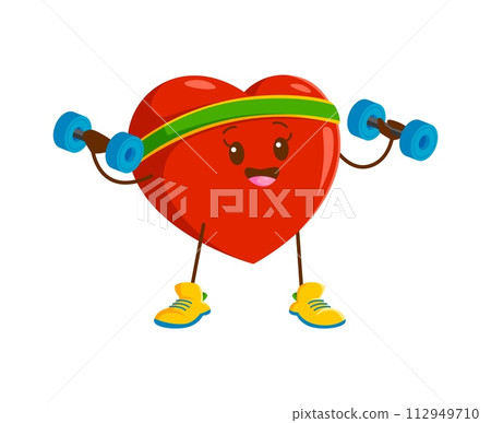 Cartoon heart character with dumbbells. Isolated vector cheerful heart athlete exercises with dumbbells, pumps up its cardiovascular fitness in lively workout, radiating enthusiasm and spreading love 112949710