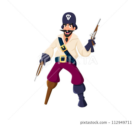 Cartoon one legged pirate character. Vector swashbuckling sailor or corsair personage with mischievous grin and wooden leg, wielding trusty flintlocks, seeking adventure and treasures on the high seas 112949711
