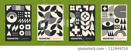 Monochrome modern abstract posters with geometric patterns, vector cover templates. Retro geometric design or vintage mosaic art style pattern or minimal simple shapes and retro colors with headers Monochrome modern abstract posters with geometric patterns, vector cover templates. Retro geometric design or vintage mosaic art style pattern or minimal simple shapes and retro colors with headers 112949720