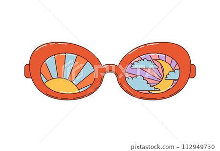 Retro groovy sunglasses eyewear with sun and moon in eyes, cartoon vector. 70s hippie, trippy funky or pop art groovy sunglasses with sunrise and night sky and clouds in glasses for crazy summer Retro groovy sunglasses eyewear with sun and moon in eyes, cartoon vector. 70s hippie, trippy funky or pop art groovy sunglasses with sunrise and night sky and clouds in glasses for crazy summer 112949730