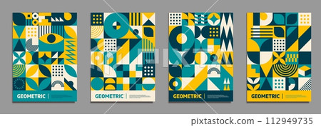 Yellow, dark and turquoise modern abstract geometric pattern posters. Advertising leaflet with abstract shapes, modern flyer vector layout with geometric pattern. Business presentation poster template 112949735