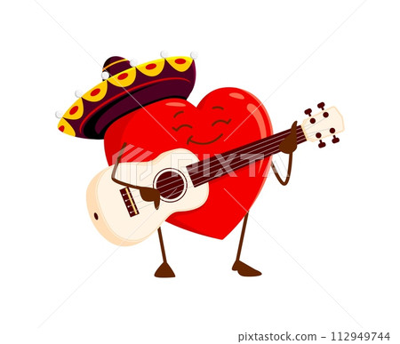 Cartoon love heart musician character in mexican sombrero playing guitar. Isolated vector cute romantic mariachi heart personage celebrate Cinco de Mayo holiday or Valentines day sing romance serenade Cartoon love heart musician character in mexican sombrero playing guitar. Isolated vector cute romantic mariachi heart personage celebrate Cinco de Mayo holiday or Valentines day sing romance serenade 112949744