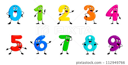 Cartoon funny math number characters for kids mathematics or birthday, vector kawaii. Happy smiling numbers and numeric digits with face for algebra education or arithmetic emoticon and numerals emoji 112949766