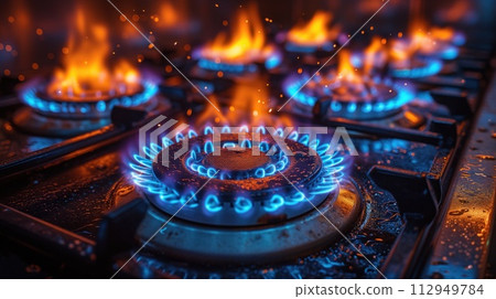 burning gas burners closeup 112949784