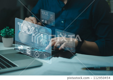 Businessman using laptop online income tax return form, tax payment. Business accounting digital vat financial refund service taxation online pay concept. 112950454