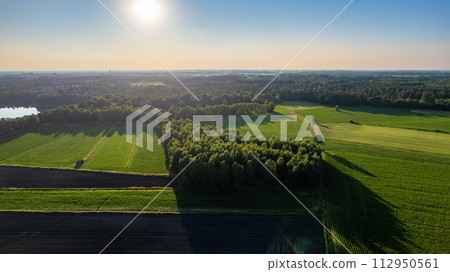 Aerial View of Lush Farmlands at Sunrise 112950561