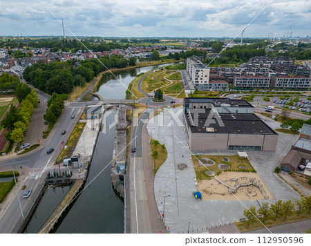 Aerial Panorama of Halle, Belgium Overlooking Canal and Urban Layout 112950596