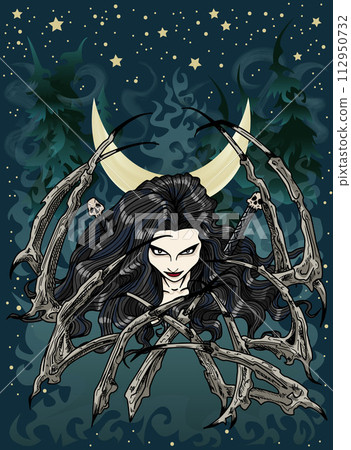 Fantasy vector illustration with beautiful woman as demon in the darkness against background of moon, scary forest, mist and night sky with stars, cartoon flat design art  112950732