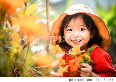 微笑的孩子在花園裡玩耍 微笑的孩子在花園裡玩耍 112950733