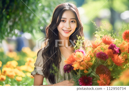 微笑的女人被花包圍 112950734