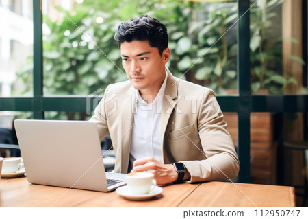 在咖啡館使用個人電腦的男人 112950747